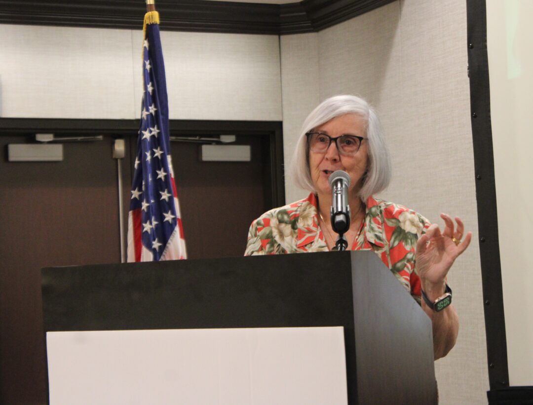 Dr. Louise A. Chickie-Wolfe, grandmother of Cornell University student journalist Cereese Qusba, addresses attendees at the Crossroads Chamber of Commerce’s 6th Annual Empowering Women’s Brunch on Oct. 1 at the Center for Visual and Performing Arts in Munster. Chickie-Wolfe spoke about the importance of standing up for what is right and expressed pride in her granddaughter’s reporting on the Cornell 7 sexual misconduct allegations.